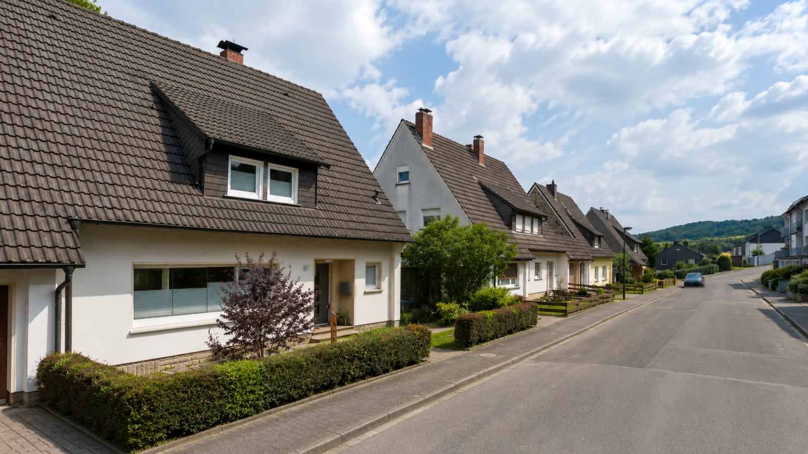 Siedlungshäuser mit Satteldach in einer Wohnstraße in Arnsberg