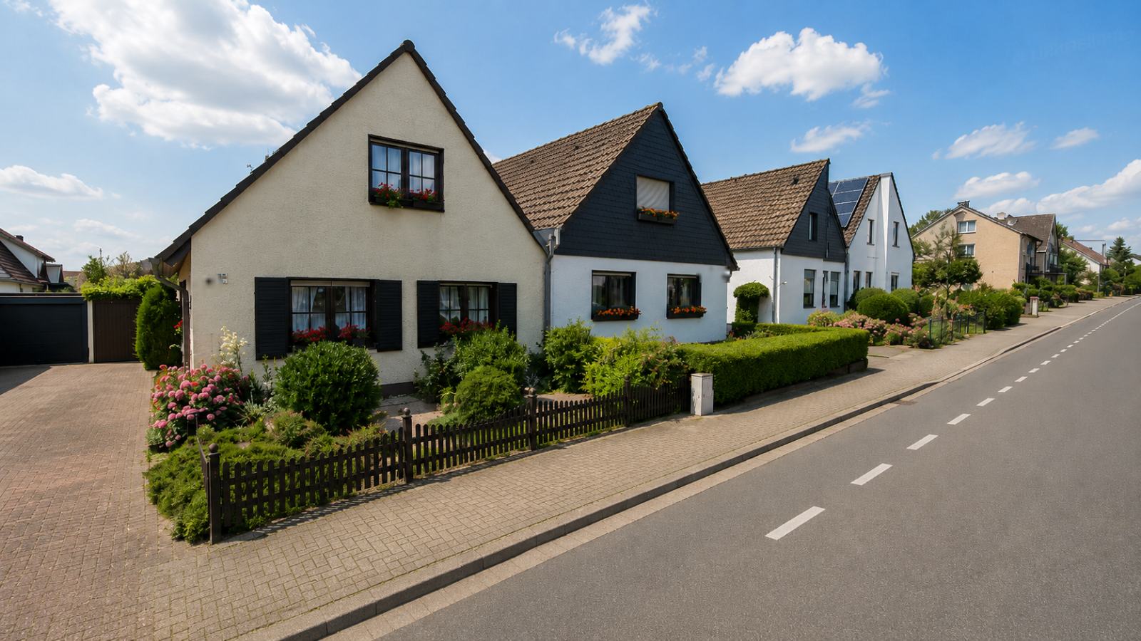 Wohnstraße in Bergkamen mit Siedlungshäusern, Satteldächern und Vorgärten
