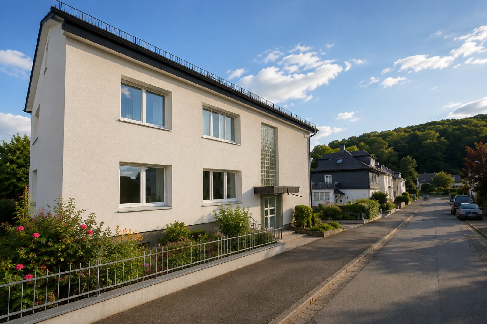 Wohnhaus in Brilon mit Flachdach und Glasbausteinen im Treppenhaus