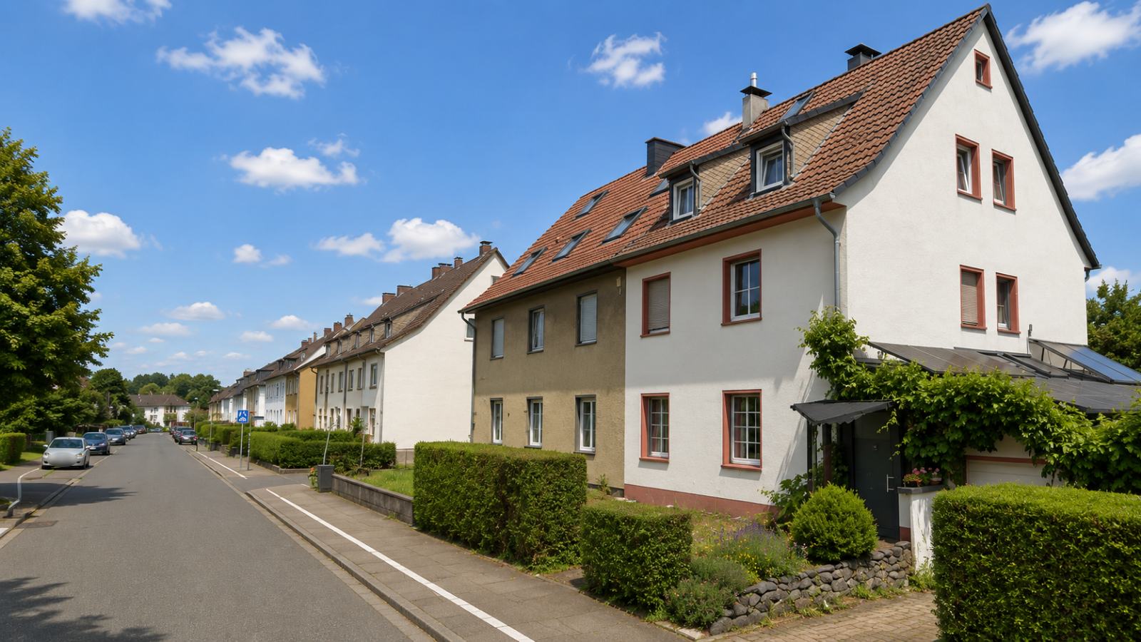 Siedlungsstraße in Iserlohn mit Mehrfamilienhäusern der 1950er-Jahre