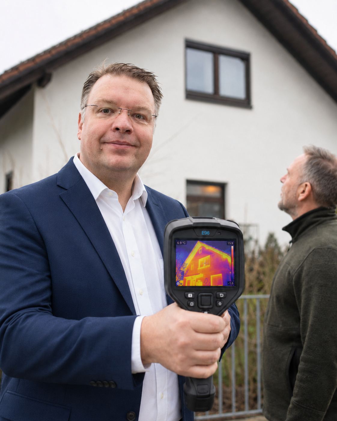 Thermografie-Aufnahme einer Hausfassade mit der Wärmebildkamera vor Ort