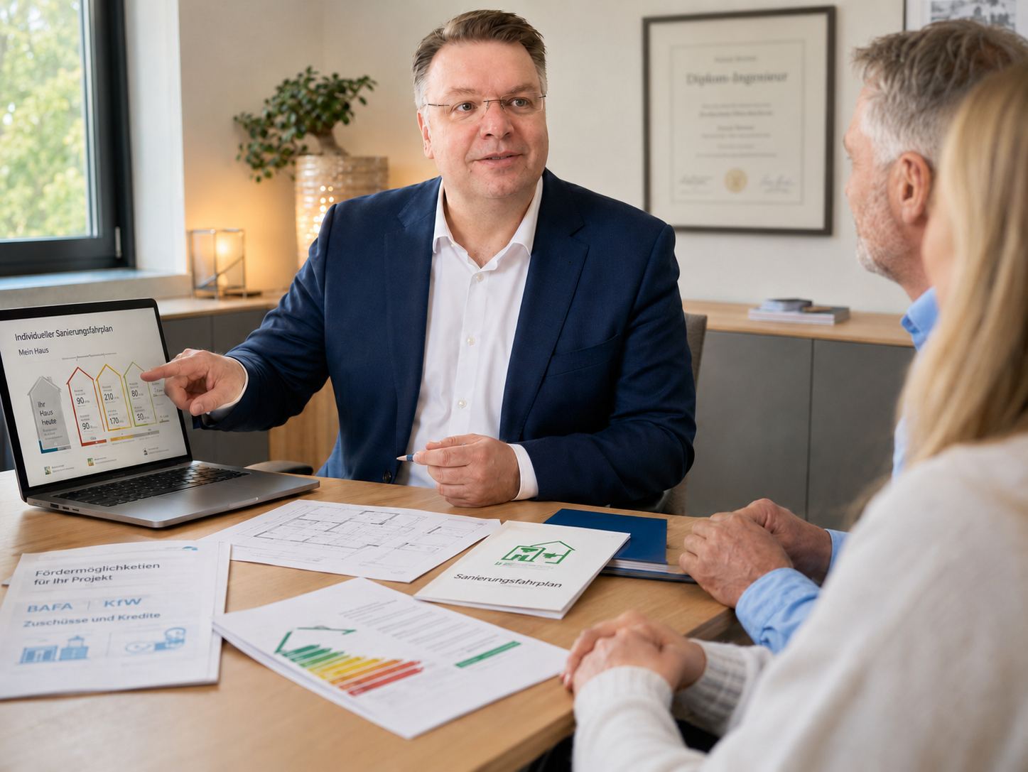 Beratungsgespräch zum individuellen Sanierungsfahrplan mit Hauseigentümern im Büro